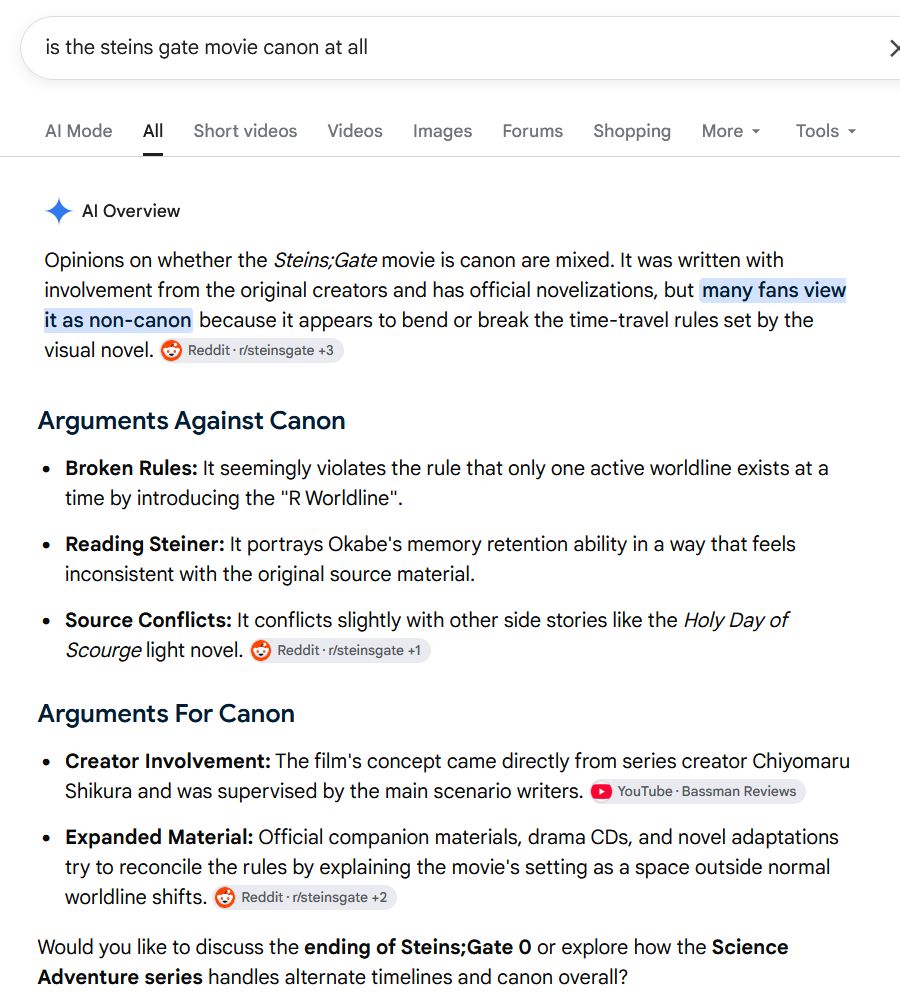 Google AI Overview claiming a movie isn't canon