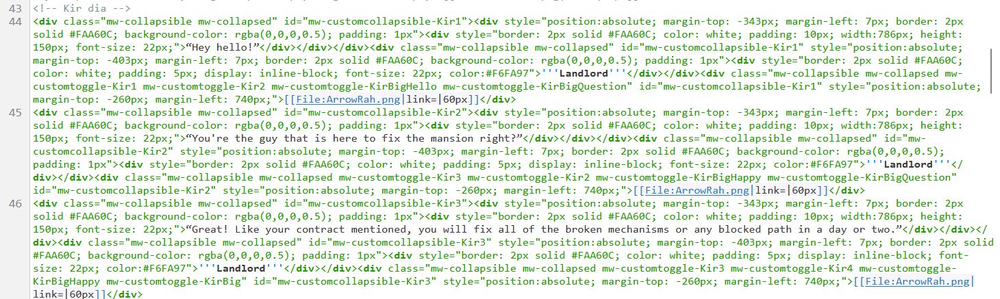 A snippet showing messy wikitext code of the visual novel's dialogue.